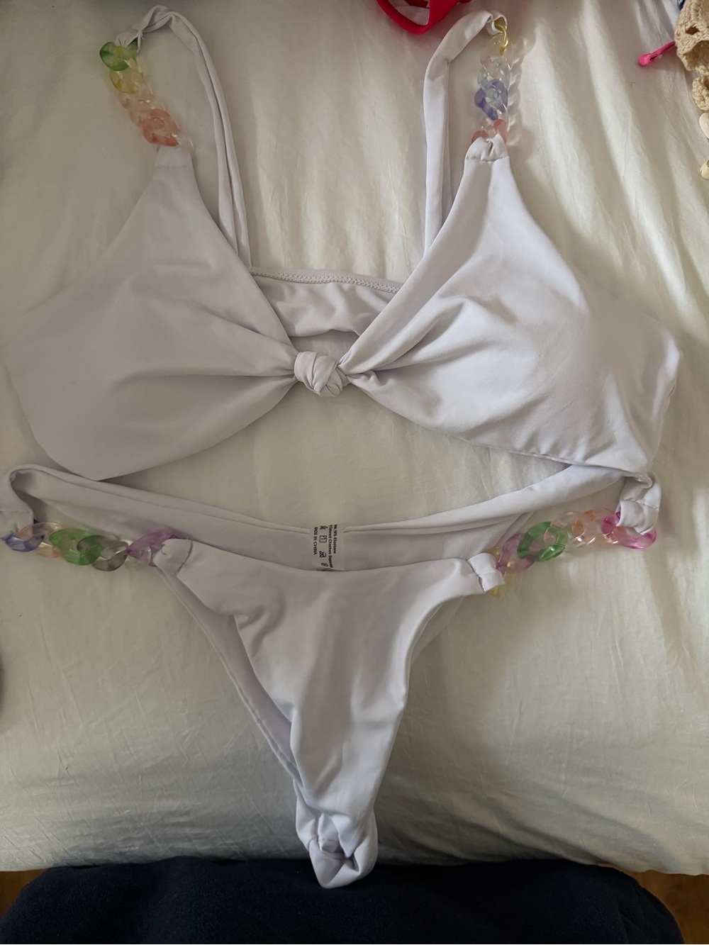 Women's White Knot-Front Bikini Set with Pastel Chain Accents